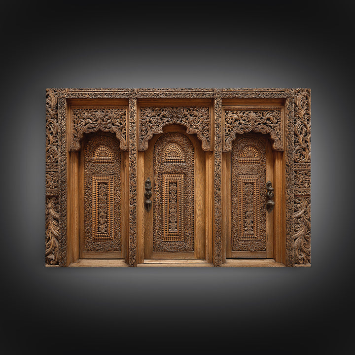 Carved Wooden Temple Doors Wall Art, Ornate African Inspired Architecture Print, Rustic Boho Home Decor, Cultural Gift For Hallway