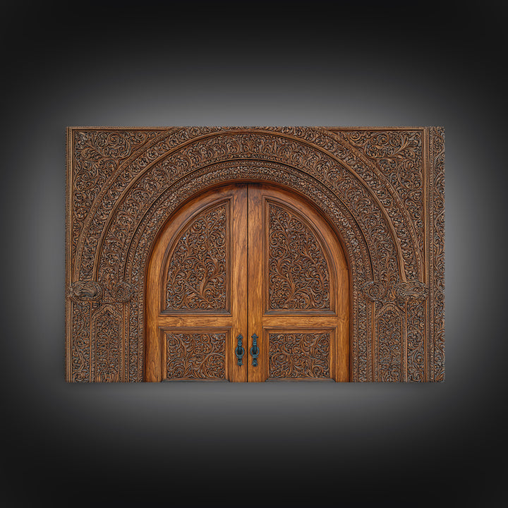 Arched Carved Wood Door Framed Canvas Print, Intricate Moroccan Pattern Wall Art, Rustic Bohemian Home Decor Gift For Living Room