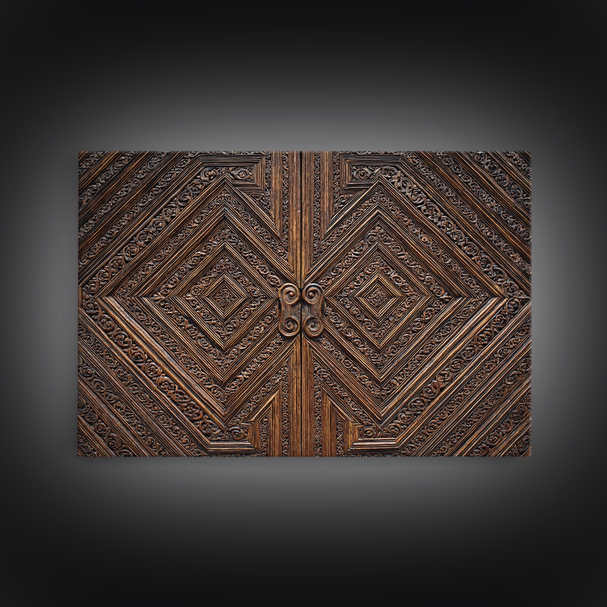 Geometric Carved Wood Door Canvas Print, Ornate Tribal Pattern Wall Art, Brown Rustic Home Decor, Unique Cultural Gift For Office