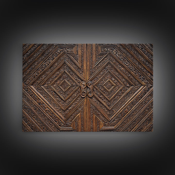Geometric Carved Wood Door Canvas Print, Ornate Tribal Pattern Wall Art, Brown Rustic Home Decor, Unique Cultural Gift For Office