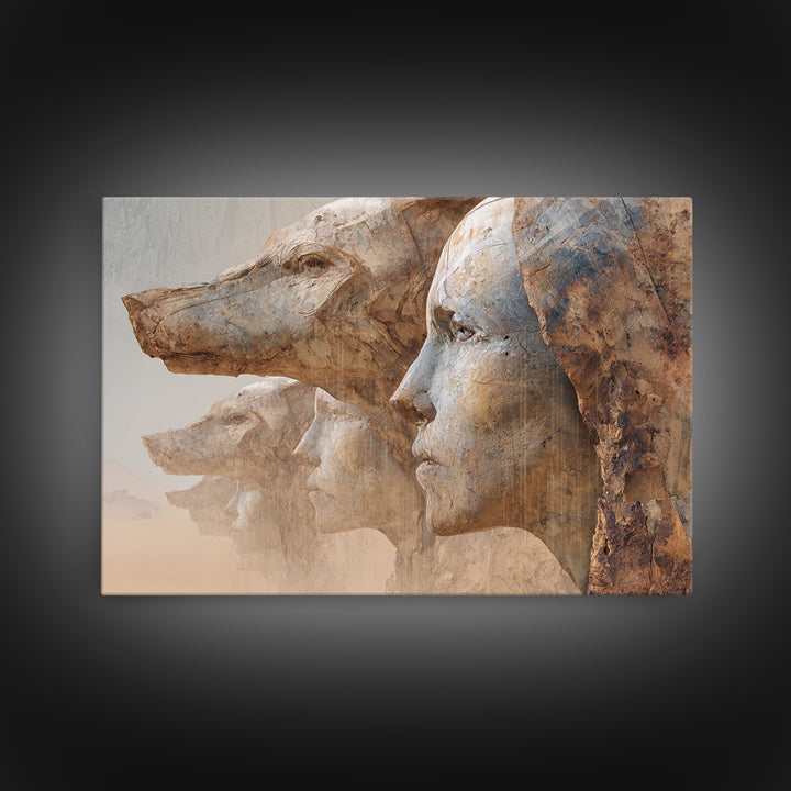 Monumental African Mask Profiles Framed Canvas Print, Ancient African Art, Ethnic Wall Decor, Statement Home Decor Gift Idea