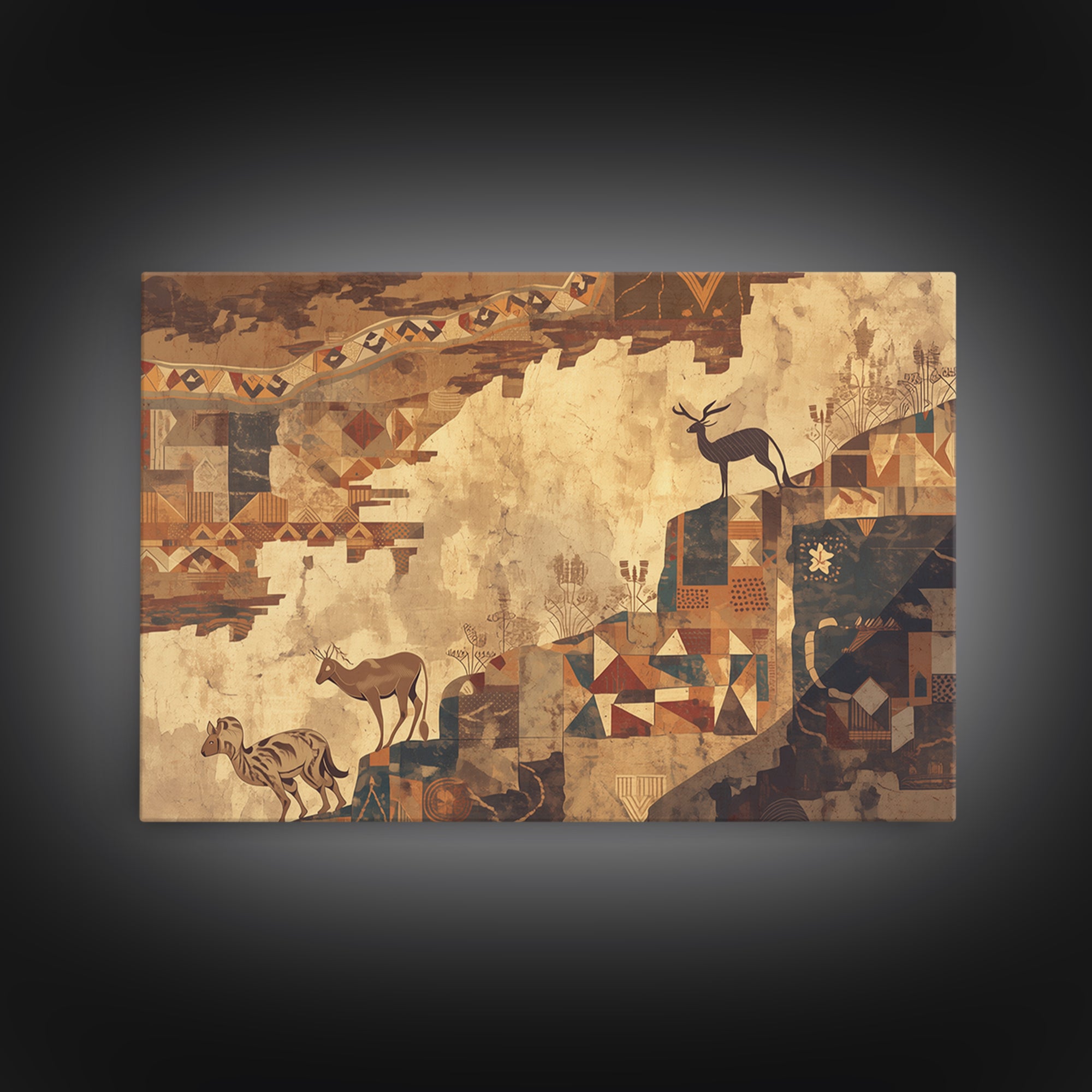 Ancient Safari Animals Wall Art, African Tribal Art Print, Geometric Landscape Poster, Earth Tone Cultural Home Decor Gift