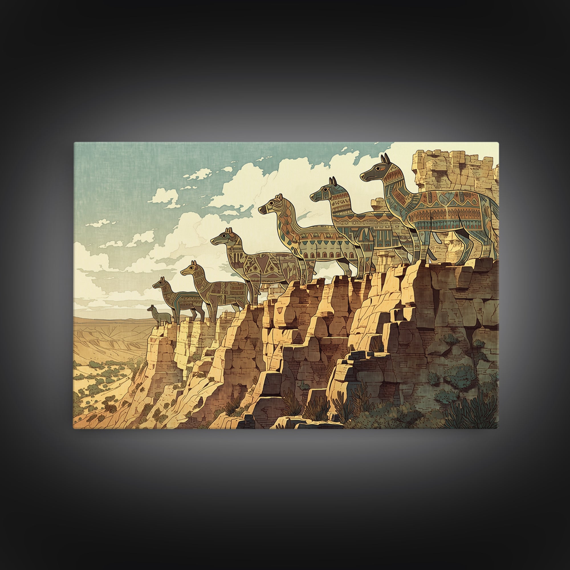 Stylized Giraffe Caravan Canvas Print, African Safari Art, Canyon Landscape Wall Decor, Boho Animal Home Decor Gift For Her