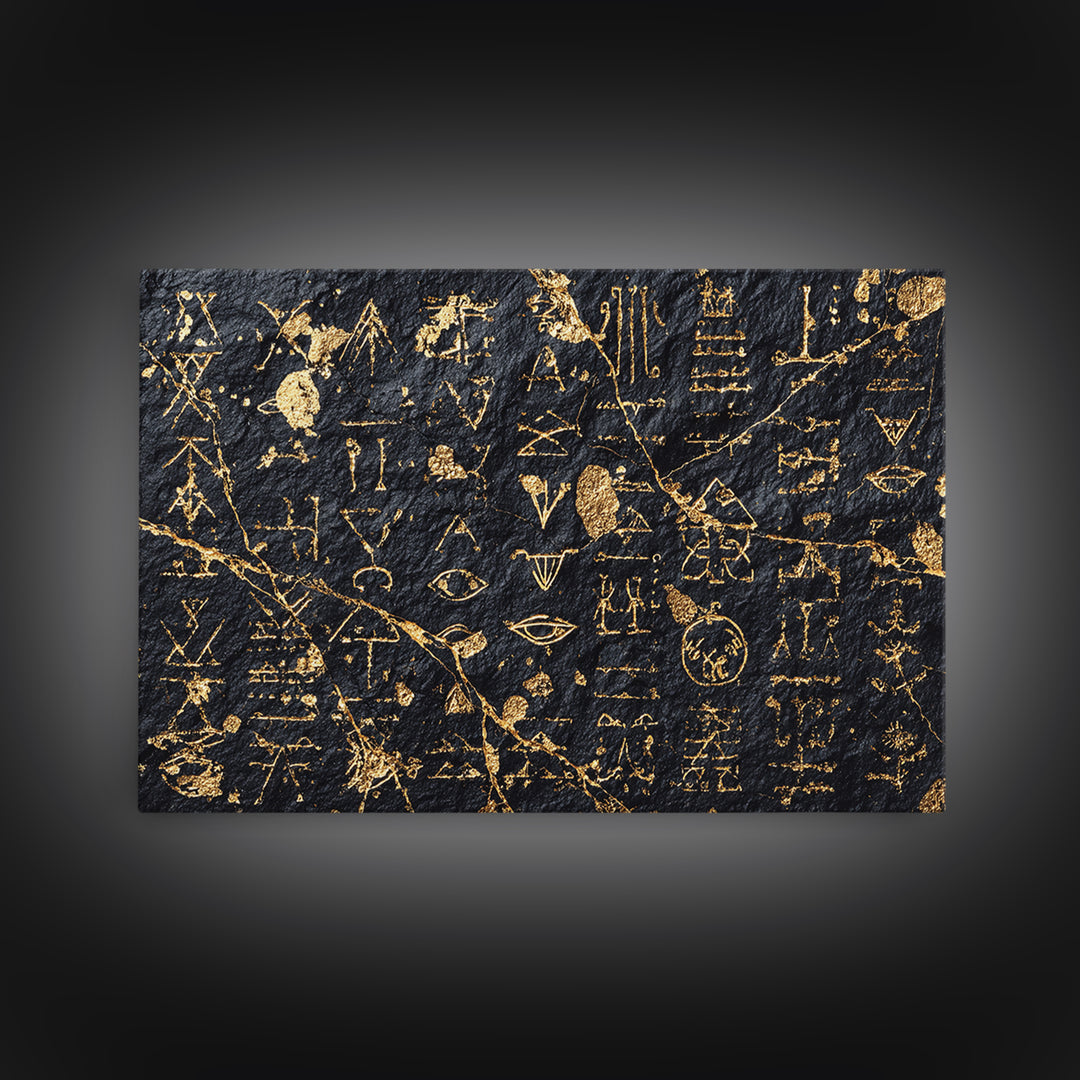 Gold Ancient Glyphs Wall Art, African Egyptian Art Print, Black Gold Canvas, Tribal Symbols Cultural Home Decor Gift Idea
