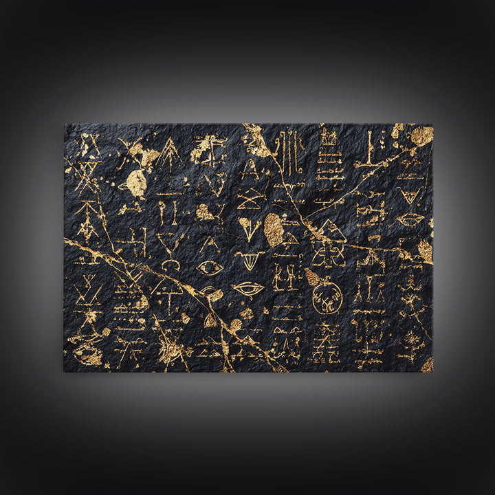 Gold Ancient Glyphs Wall Art, African Egyptian Art Print, Black Gold Canvas, Tribal Symbols Cultural Home Decor Gift Idea