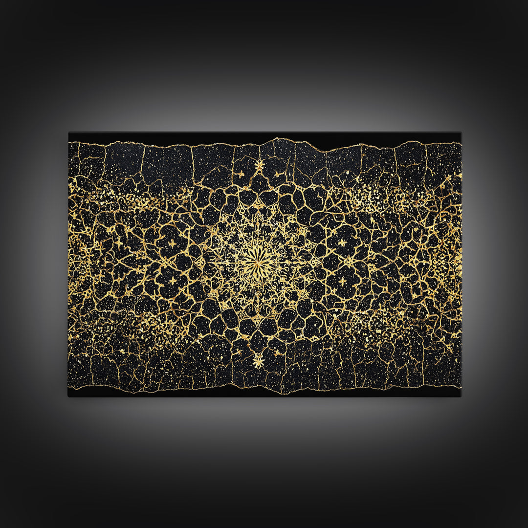 Black Gold Mandala Pattern Canvas Print, African Abstract Art, Luxury Geometric Wall Decor, Boho Home Decor Gift For Her