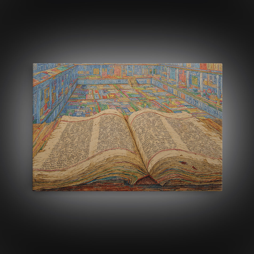 Ancient Open Book Library Wall Art, Scholarly Manuscript Canvas Print, Blue Office Decor, Literary Home Decor Gift For Reading Room