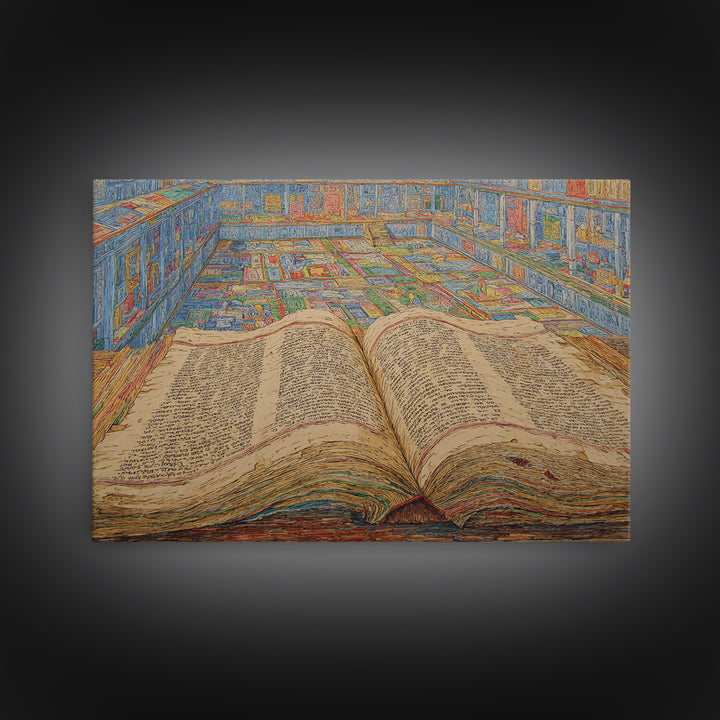 Ancient Open Book Library Wall Art, Scholarly Manuscript Canvas Print, Blue Office Decor, Literary Home Decor Gift For Reading Room