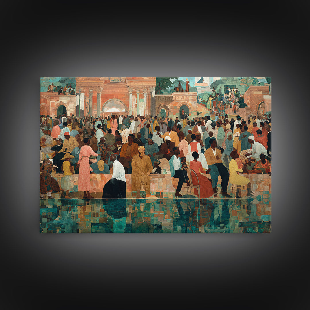 Vibrant African Plaza Crowd Wall Art, Cultural Celebration Canvas Print, Black People Decor, Afrocentric Home Decor Gift