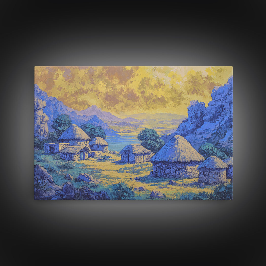 Blue African Village Landscape Wall Art, Thatched Hut Canvas Print, Motherland Nature Scene, Safari Home Decor Gift For Living Room