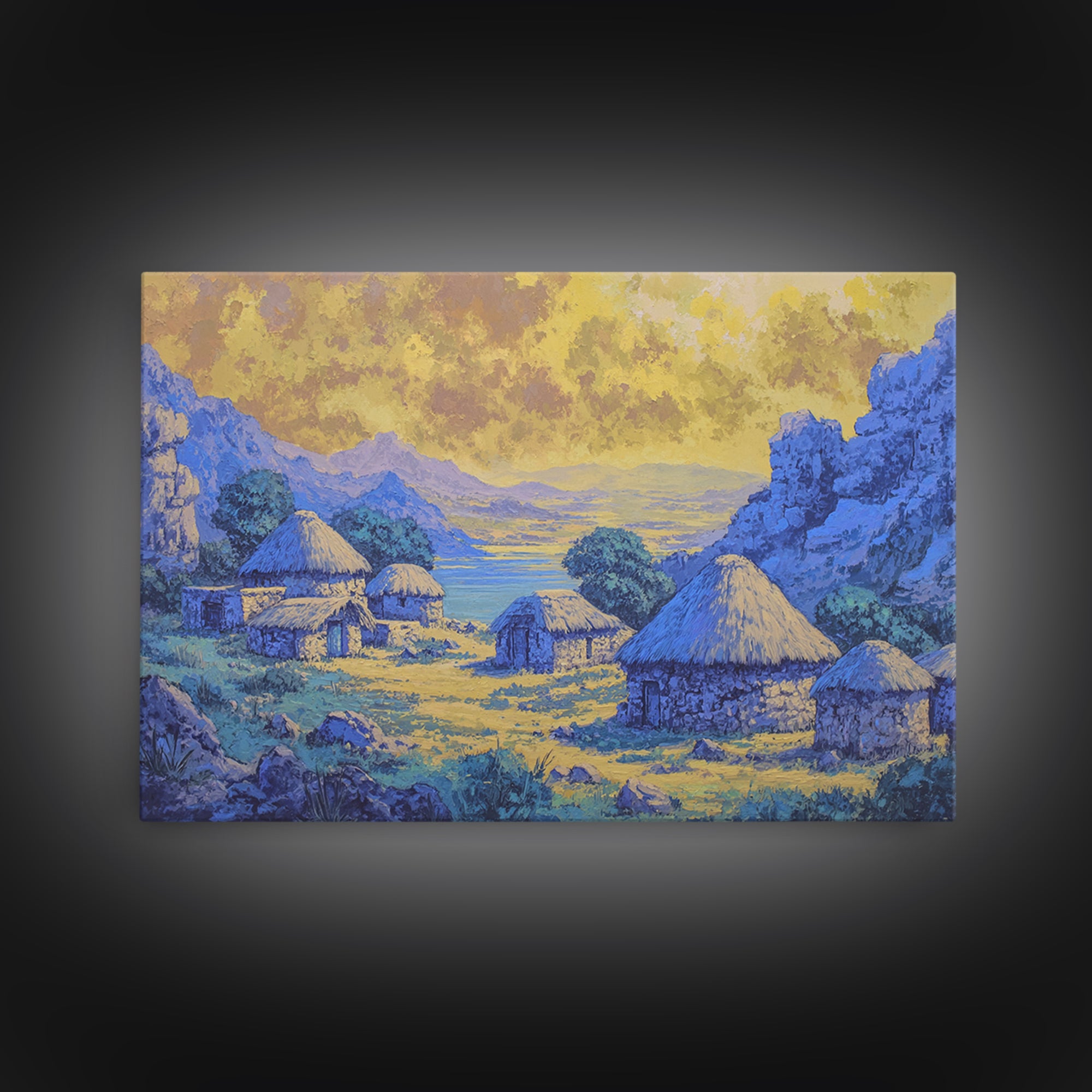Blue African Village Landscape Wall Art, Thatched Hut Canvas Print, Motherland Nature Scene, Safari Home Decor Gift For Living Room