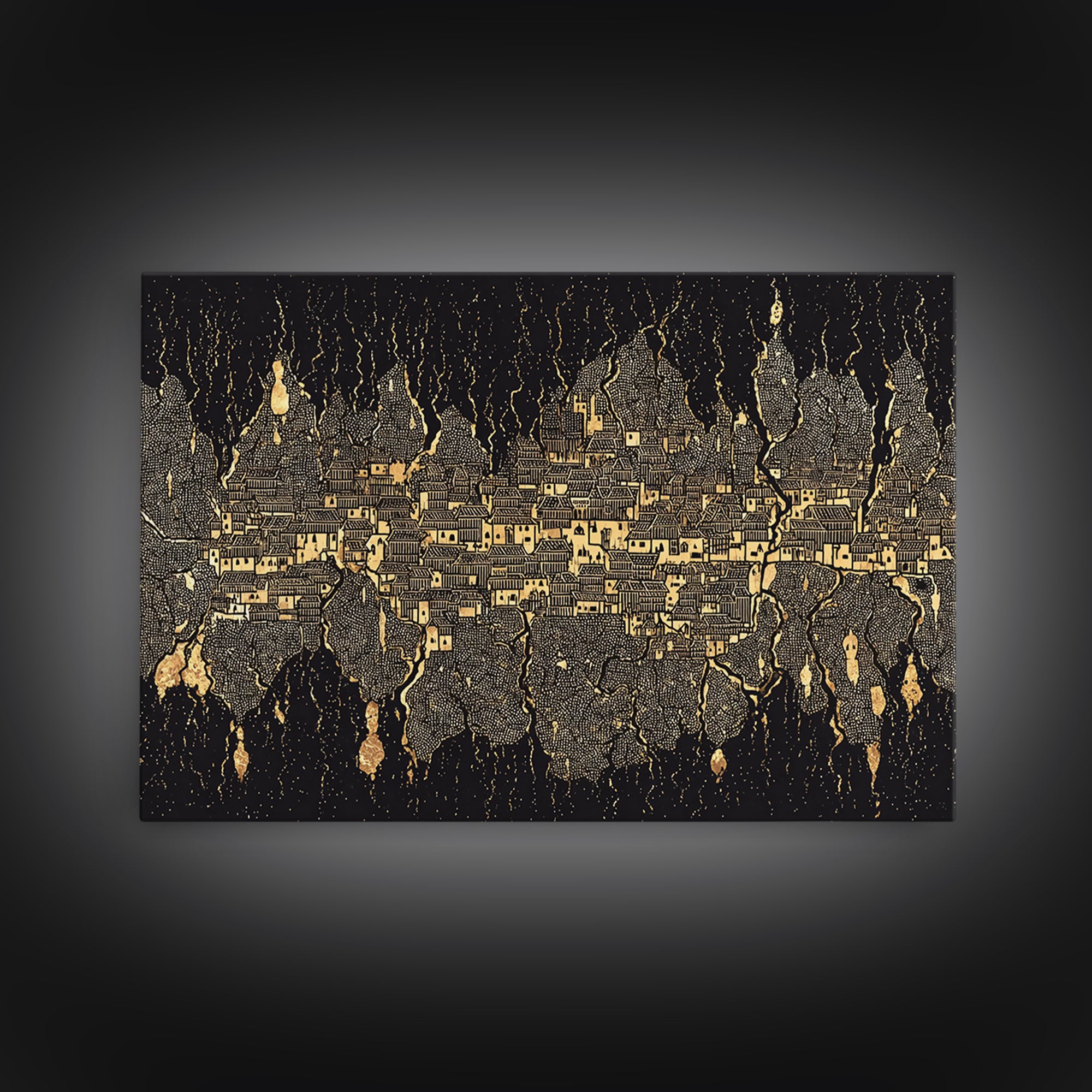 Gold Black Mystical City Wall Art, Abstract African Pattern Canvas Print, Modern Tribal Decor, Luxury Home Decor Statement Piece