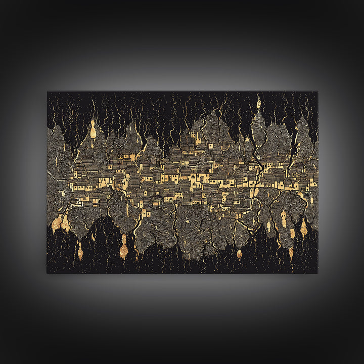 Gold Black Mystical City Wall Art, Abstract African Pattern Canvas Print, Modern Tribal Decor, Luxury Home Decor Statement Piece