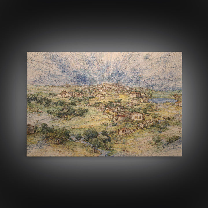 Radiant Rural Town Landscape Wall Art, Sunburst Countryside Canvas Print, African Inspired Decor, Elegant Home Decor Gift