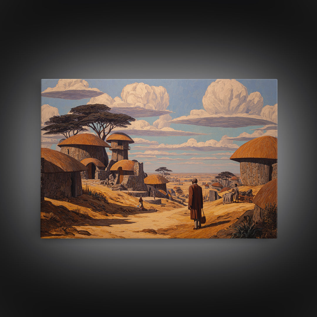 Thatched Village Path With Traveler Wall Art, African Landscape Canvas, Safari Hut Decor, Cultural Home Decor Gift For Living Room