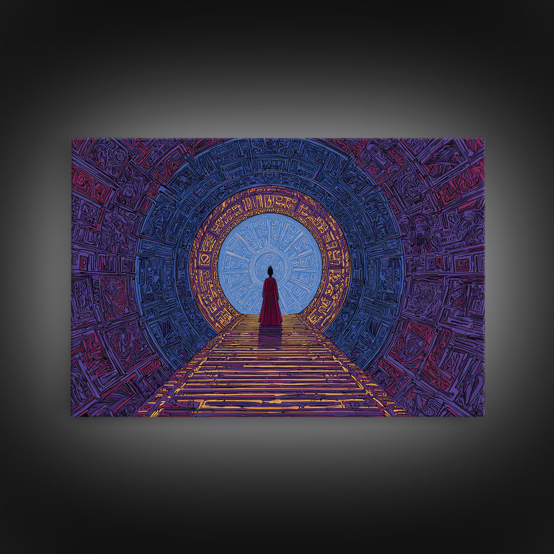Red Robed Woman Before Blue Portal Framed Canvas Print, Mystical African Art, Spiritual Wall Decor For Meditation Room Gift