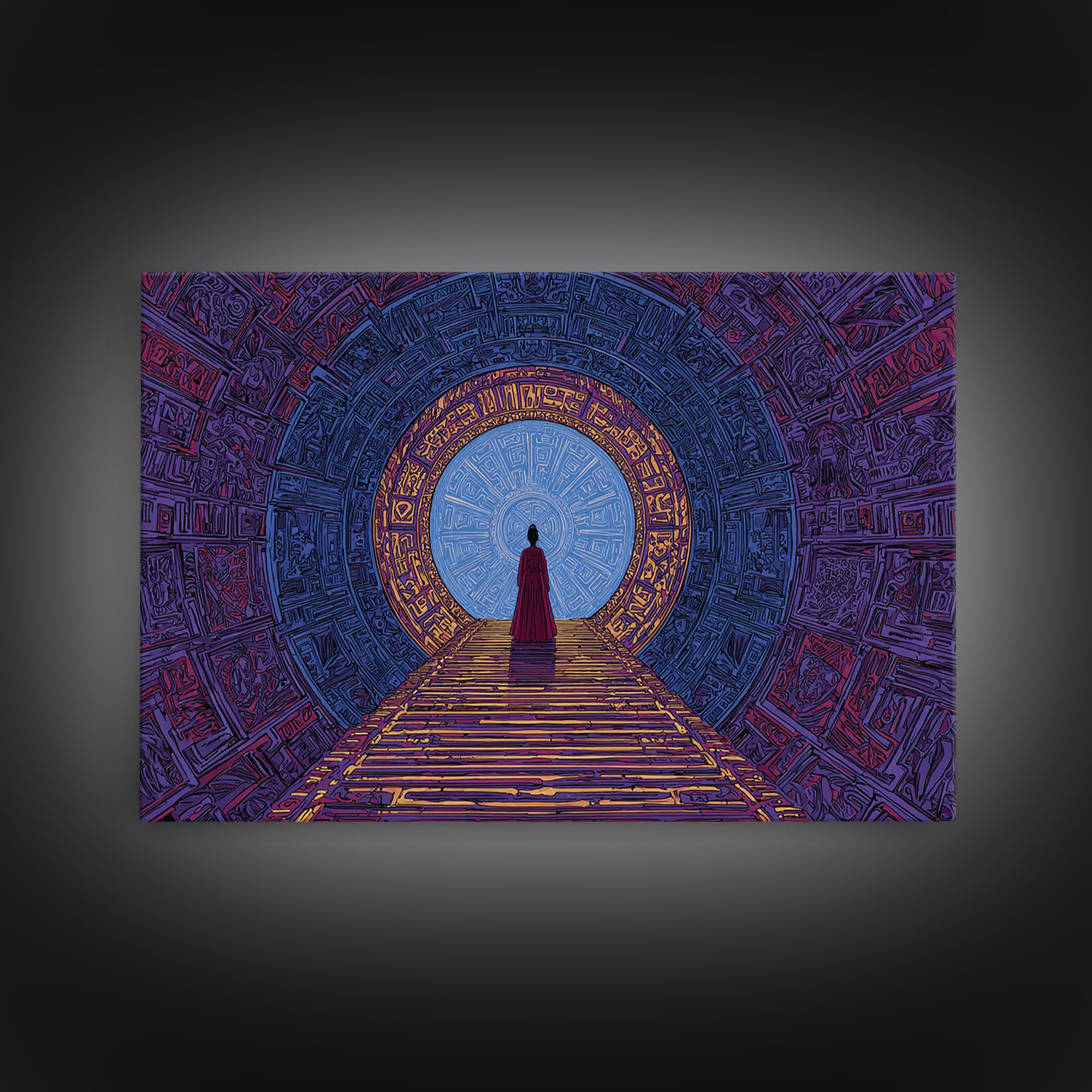 Red Robed Woman Before Blue Portal Framed Canvas Print, Mystical African Art, Spiritual Wall Decor For Meditation Room Gift