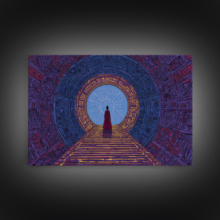 Red Robed Woman Before Blue Portal Framed Canvas Print, Mystical African Art, Spiritual Wall Decor For Meditation Room Gift