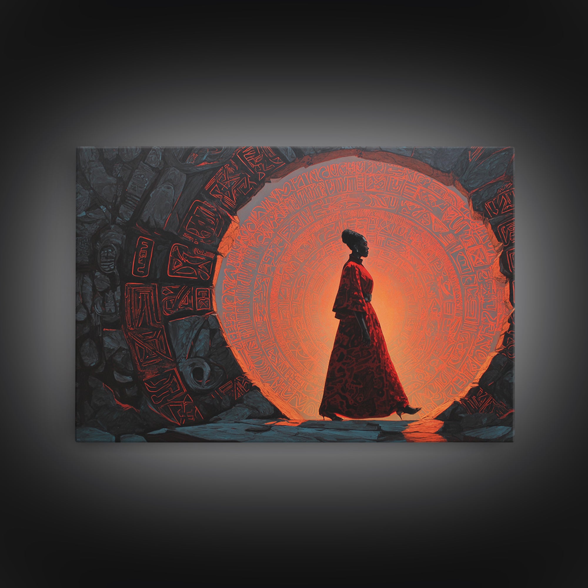 Silhouette Woman At Orange Ancient Portal Wall Art, Afrofuturism Canvas Print, Spiritual African Decor For Home Or Office
