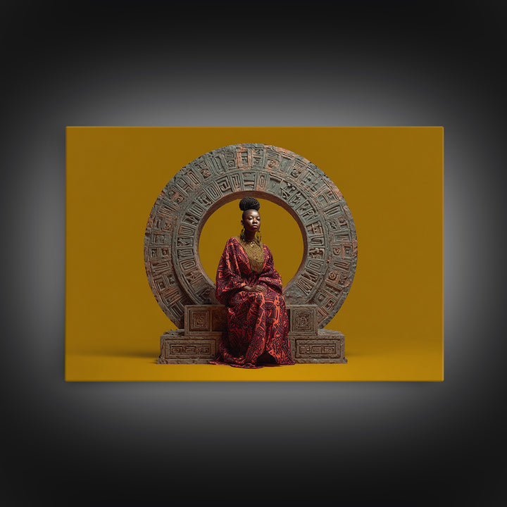 Seated African Queen In Red Robe Canvas Print, Regal Portrait Wall Art, Cultural Home Decor, Black Goddess Gift For Living Room