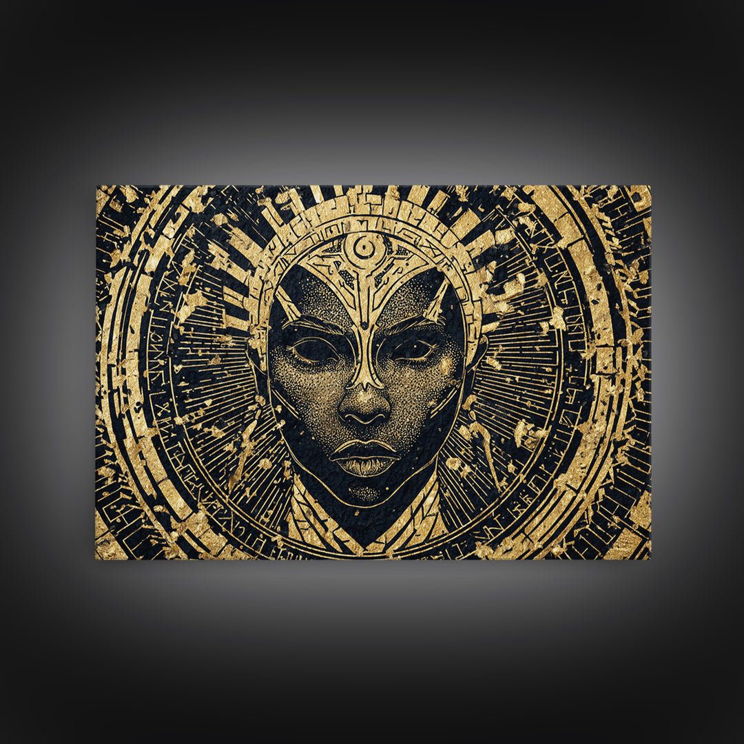 Gold Black Tribal Mask Face Wall Art, African Abstract Portrait Canvas Print, Spiritual Statement Decor For Living Room Gift