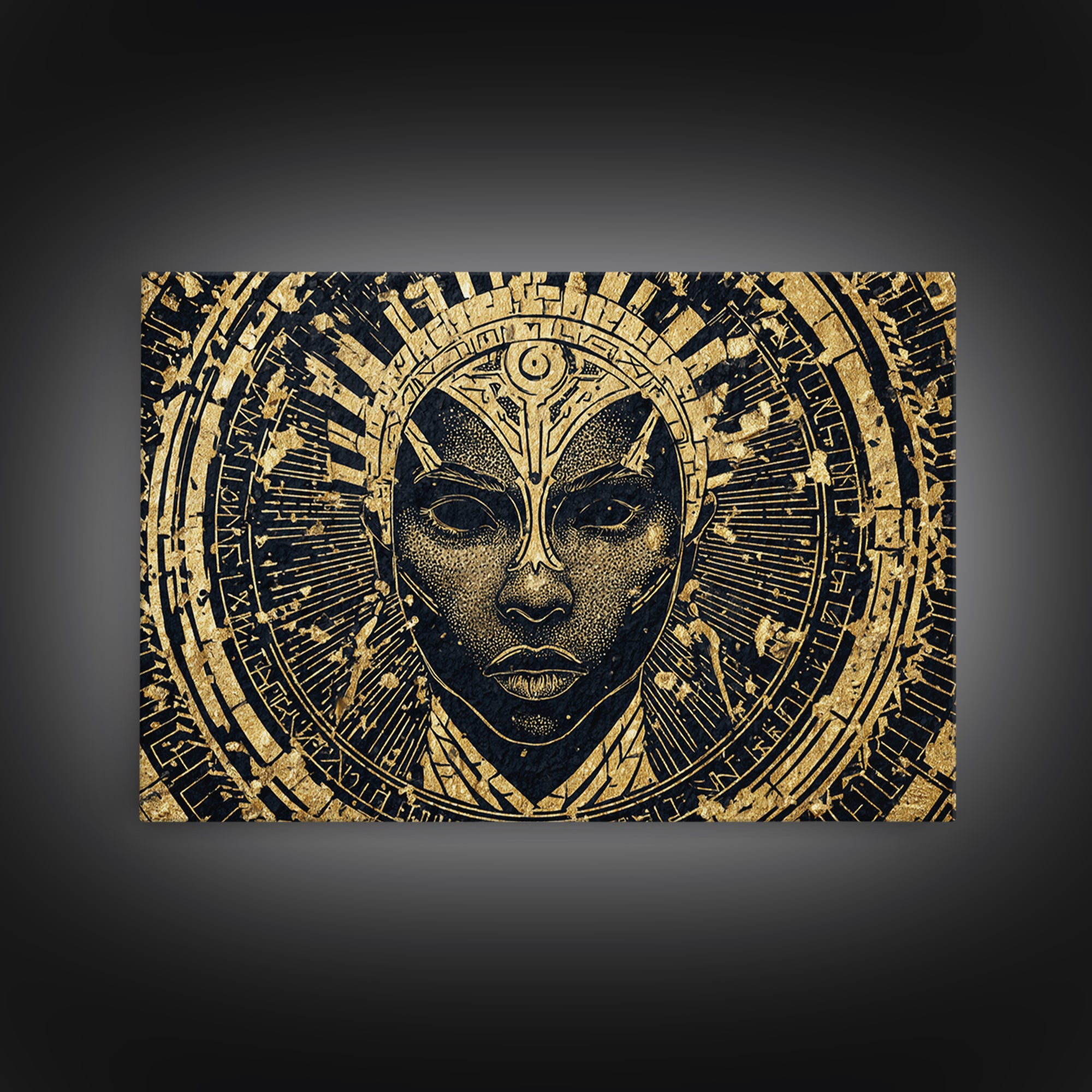 Gold Black Tribal Mask Face Wall Art, African Abstract Portrait Canvas Print, Spiritual Statement Decor For Living Room Gift