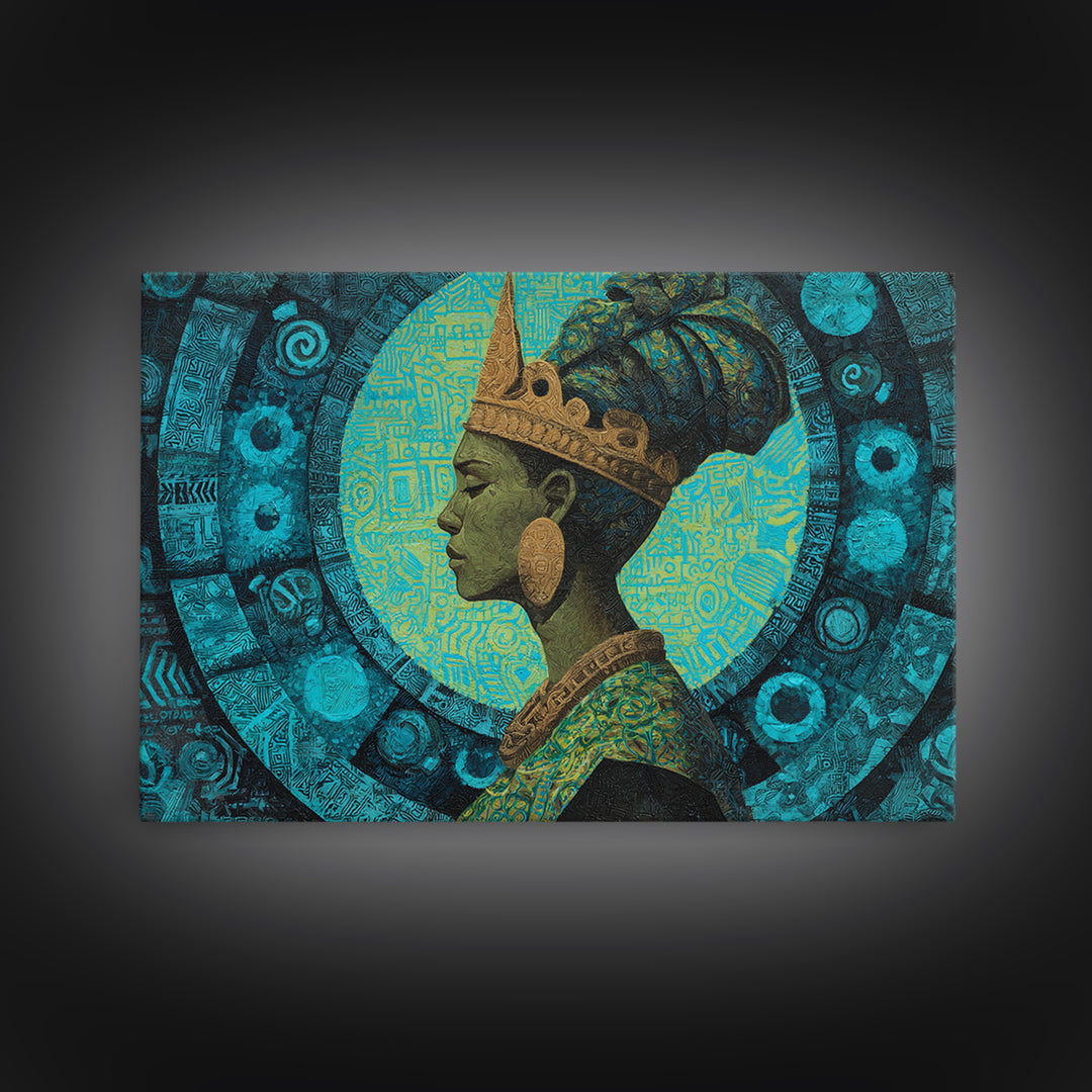Turquoise Crowned African Queen Profile Wall Art, Afrocentric Portrait Canvas Print, Teal Cultural Decor For Home Or Office Gift