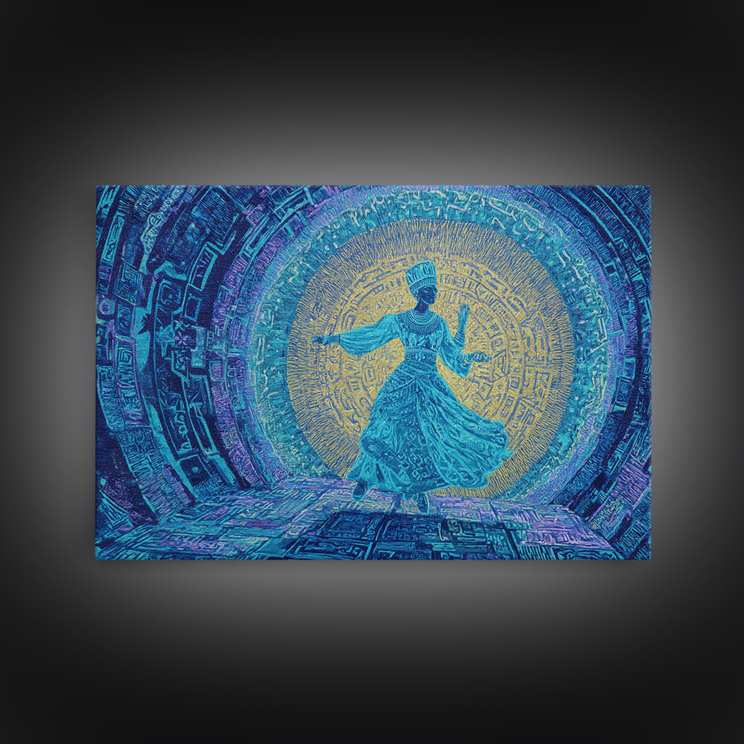 Ethereal Blue Whirling Dancer Portal Wall Art, African Inspired Spiritual Wall Decor, Teal Gold Boho Modern Canvas Print