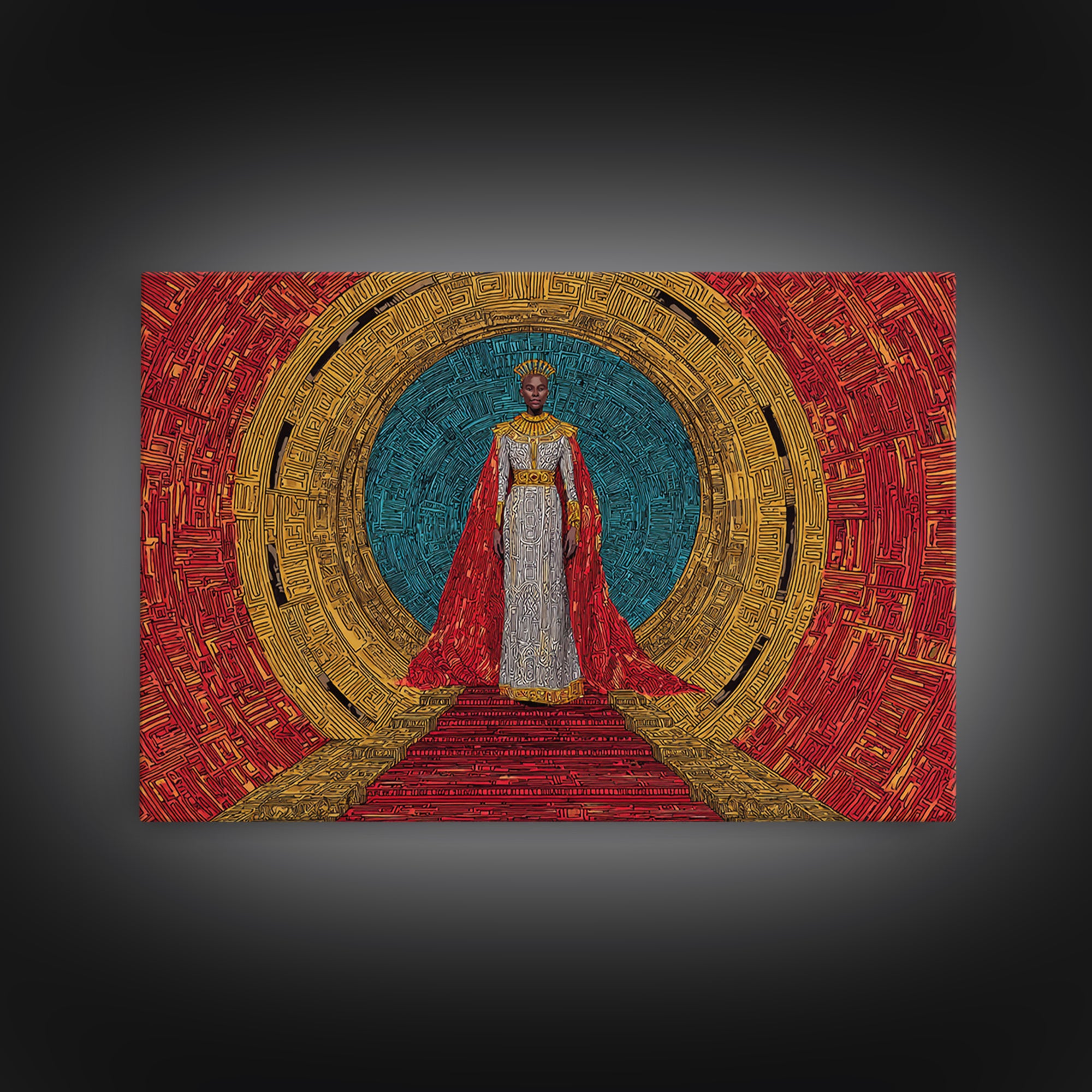 Regal African Queen In Red Cape Framed Canvas Print, Afrocentric Wall Art, Black Goddess Portrait, Luxury Home Decor Gift