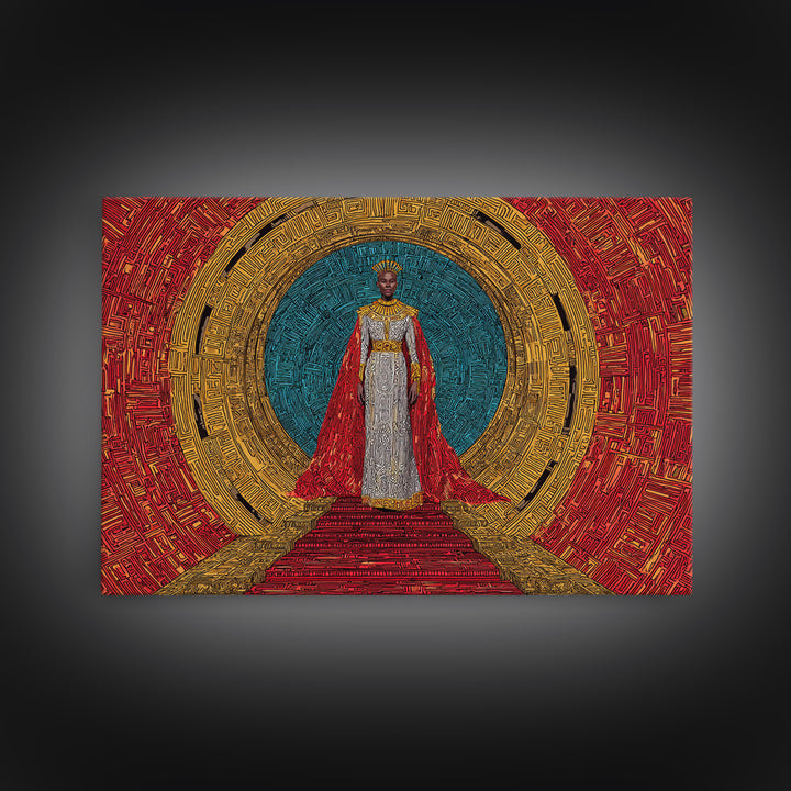 Regal African Queen In Red Cape Framed Canvas Print, Afrocentric Wall Art, Black Goddess Portrait, Luxury Home Decor Gift