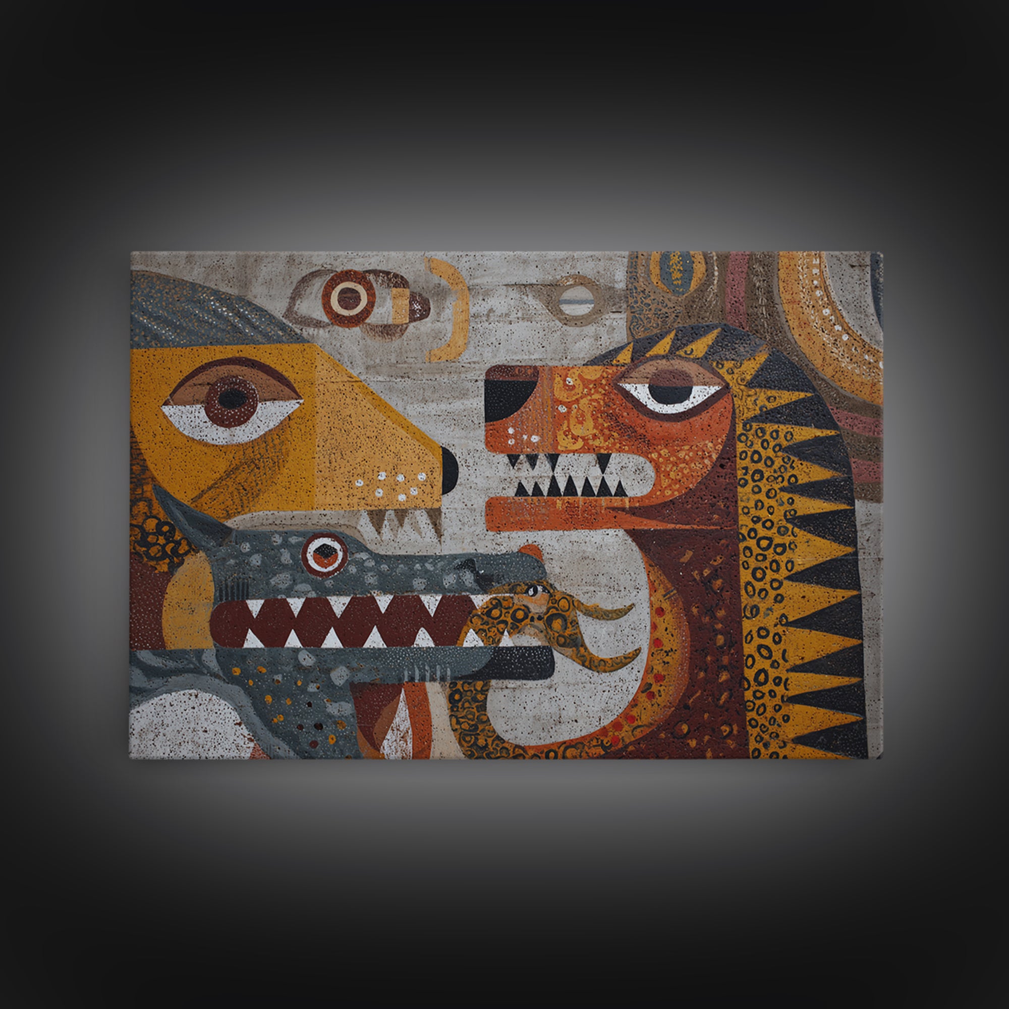 Cubist Tribal Animal Masks Wall Art, African Inspired Abstract Painting, Earth Tone Safari Decor, Modern Canvas Print Gift