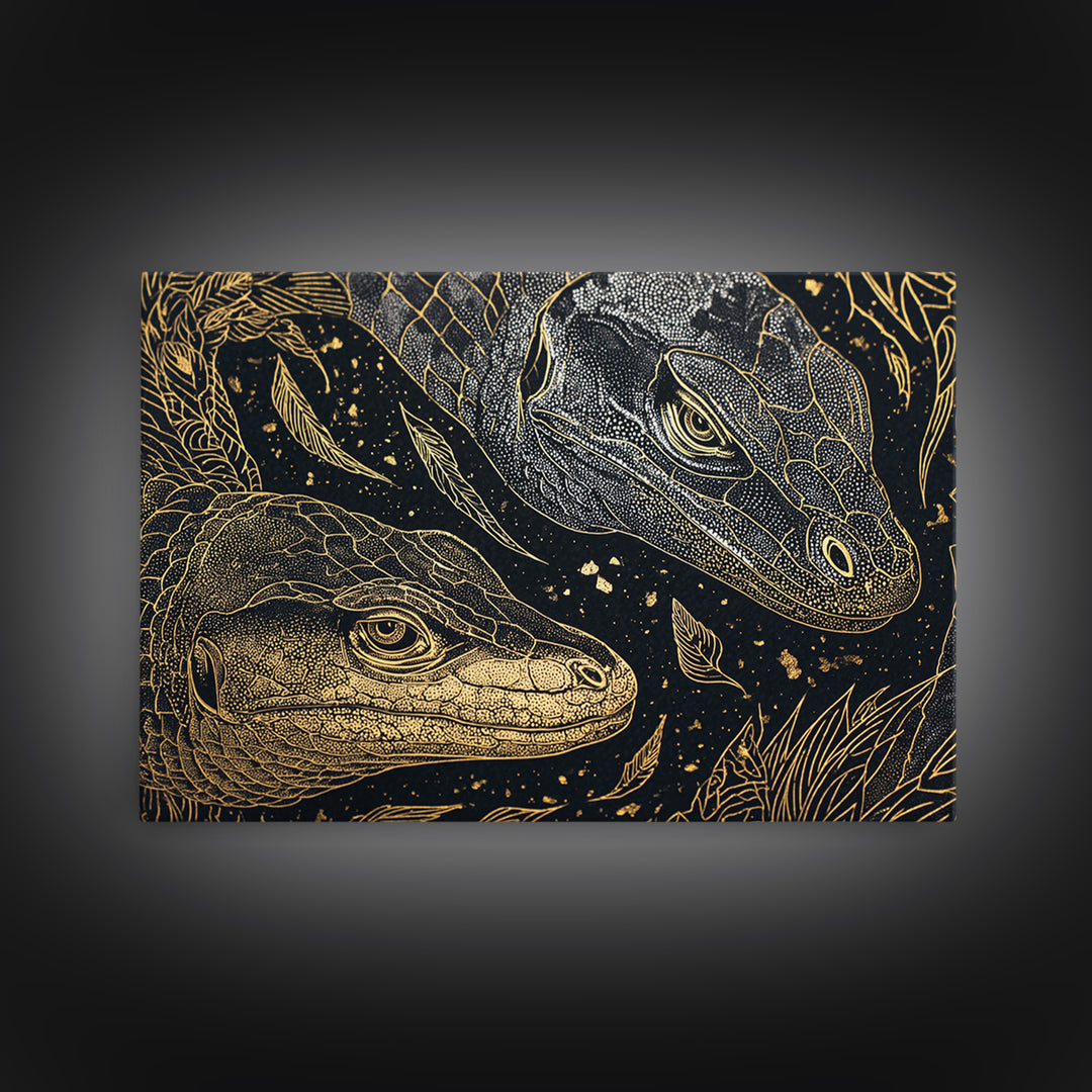 Black And Gold Lizard Pair Wall Art, African Animal Art Print, Elegant Reptile Home Decor, Luxury Canvas Print, Nature Gift