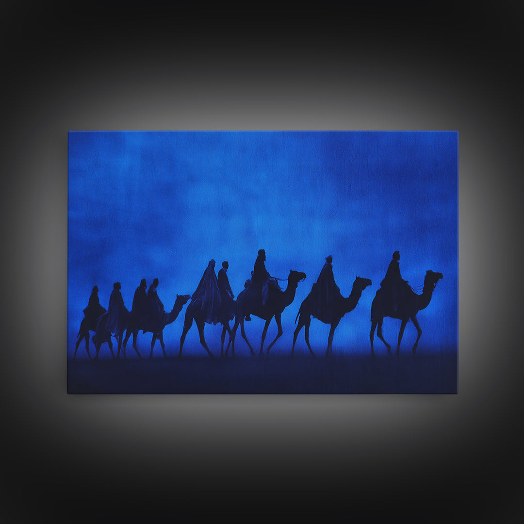Blue Desert Camel Caravan Silhouette Wall Art, African Travel Poster, Sahara Safari Decor, Minimalist Canvas Print Gift For Him