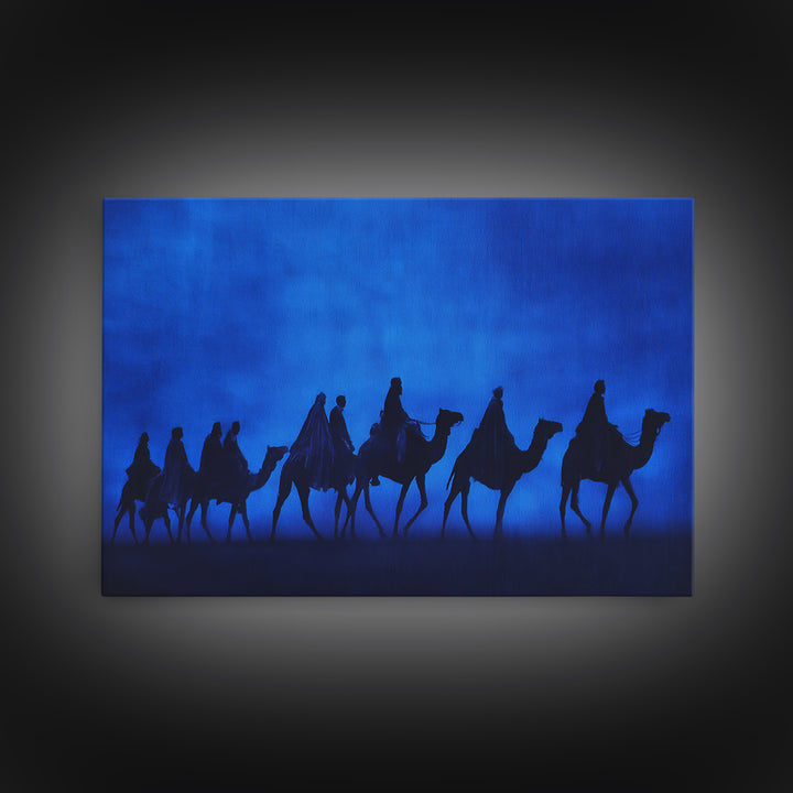 Blue Desert Camel Caravan Silhouette Wall Art, African Travel Poster, Sahara Safari Decor, Minimalist Canvas Print Gift For Him