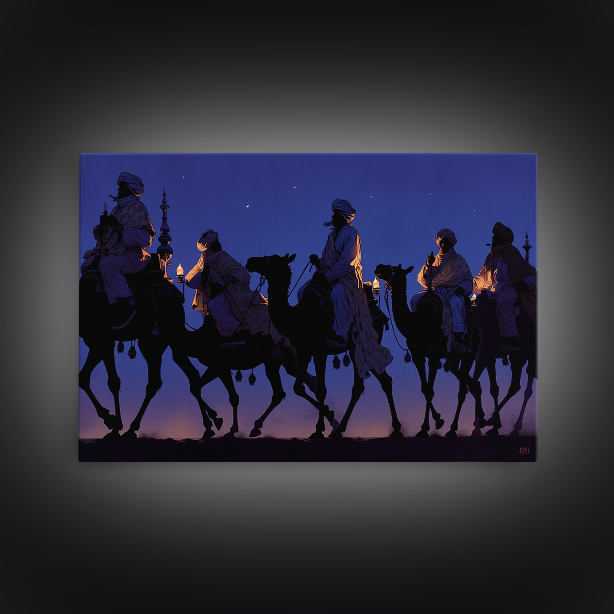 Blue Desert Camel Caravan With Lanterns Canvas Print, African Safari Art, Moroccan Travel Poster, Boho Wall Decor, Living Room Decor
