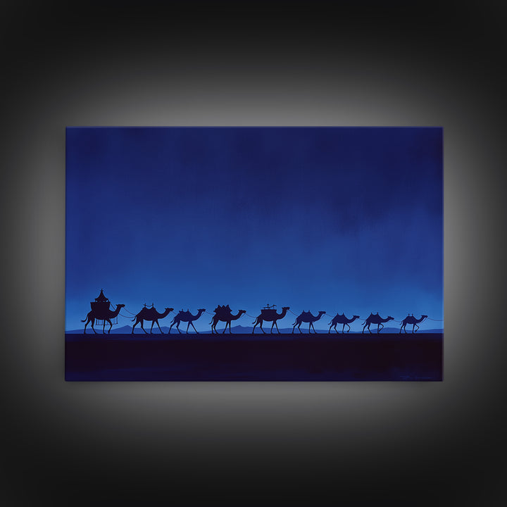 Minimalist Blue Camel Caravan Silhouette Wall Art, African Safari Print, Moroccan Travel Poster, Modern Desert Home Decor