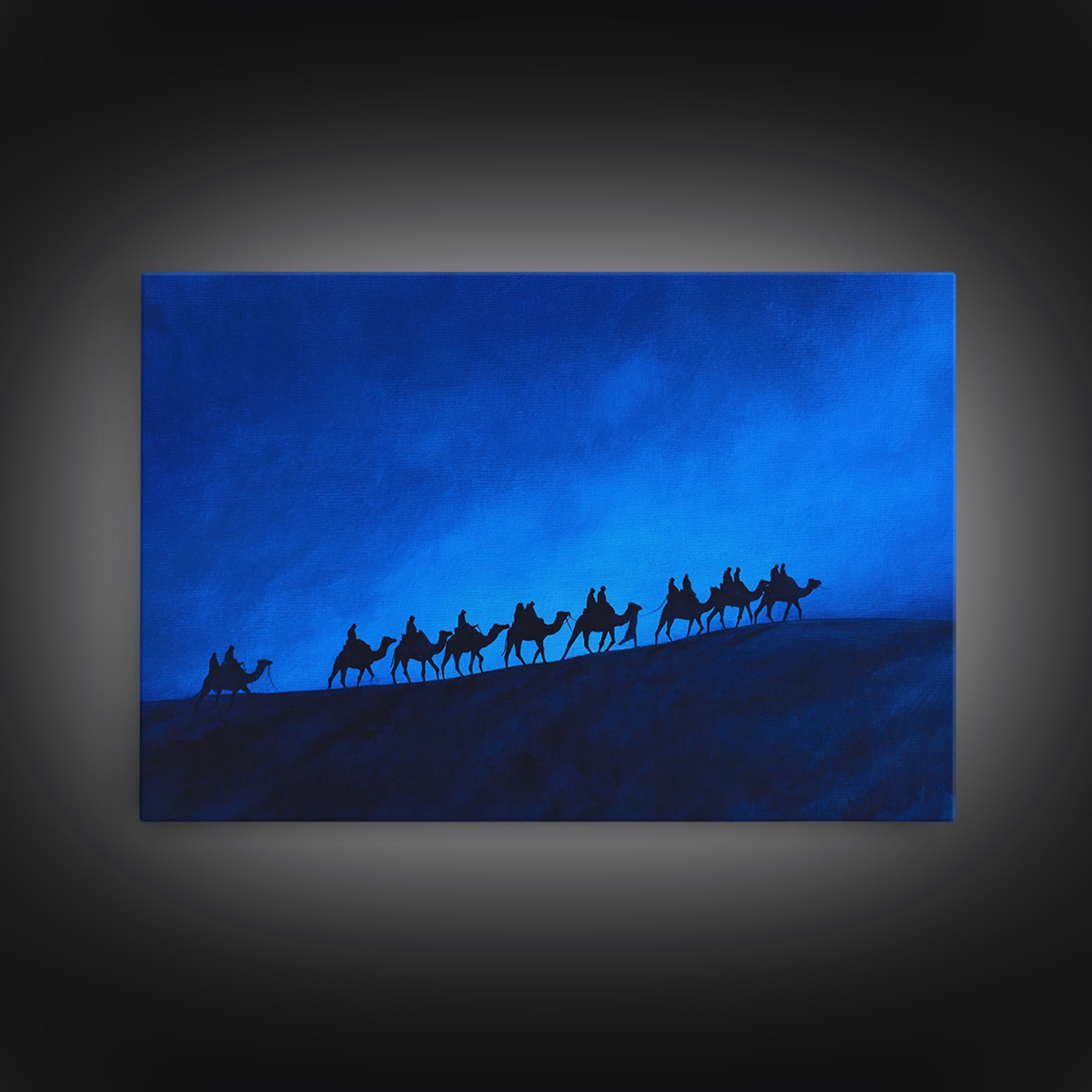 Blue Dune Camel Caravan Silhouette Framed Canvas Print, African Landscape, Sahara Travel Decor, Large Wall Art Prints For Living Room