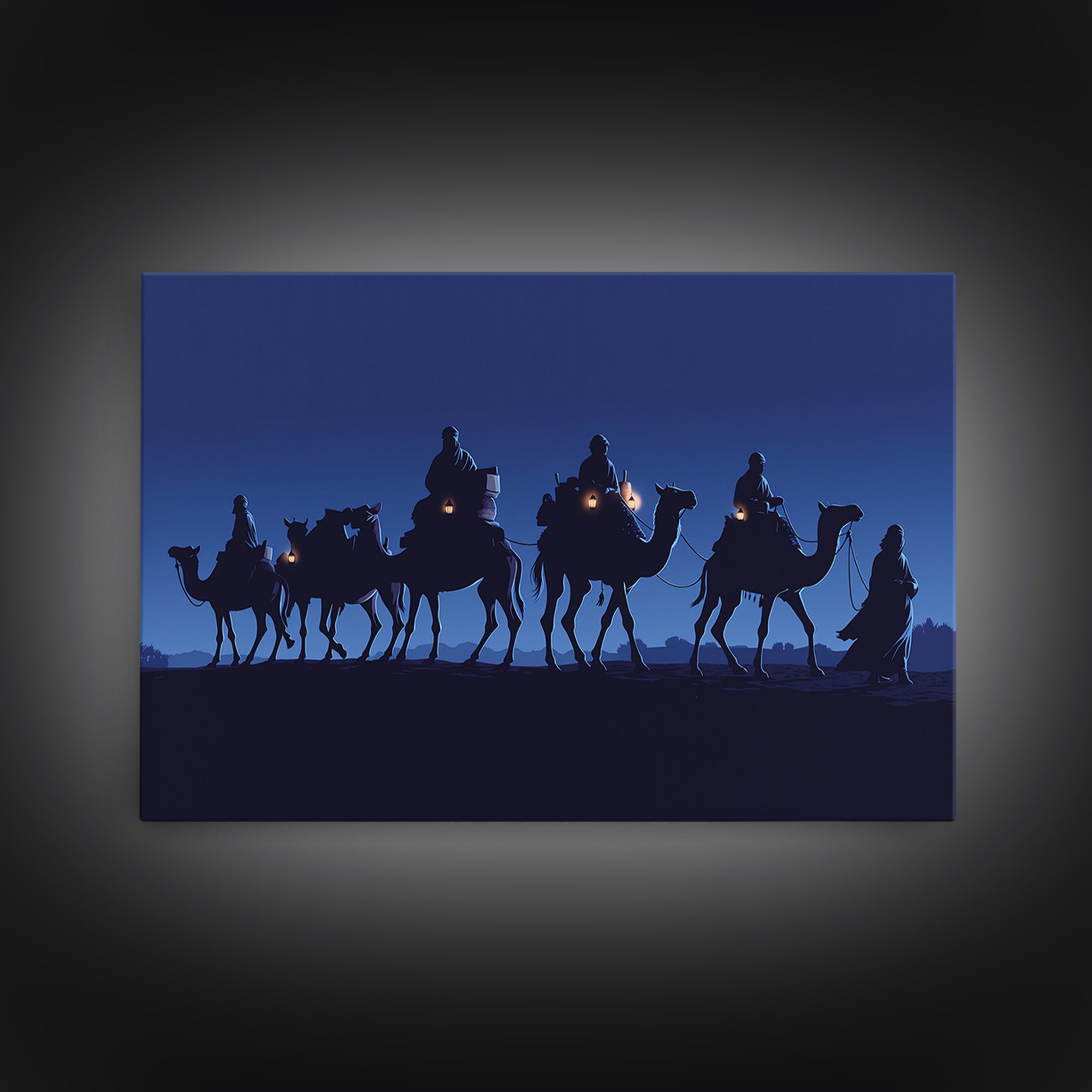 Midnight Camel Riders With Glowing Lanterns Canvas Print, African Safari Art, Blue Wall Decor, Moroccan Travel Gift For Home Decor
