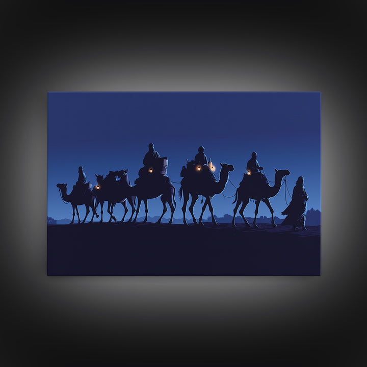 Midnight Camel Riders With Glowing Lanterns Canvas Print, African Safari Art, Blue Wall Decor, Moroccan Travel Gift For Home Decor