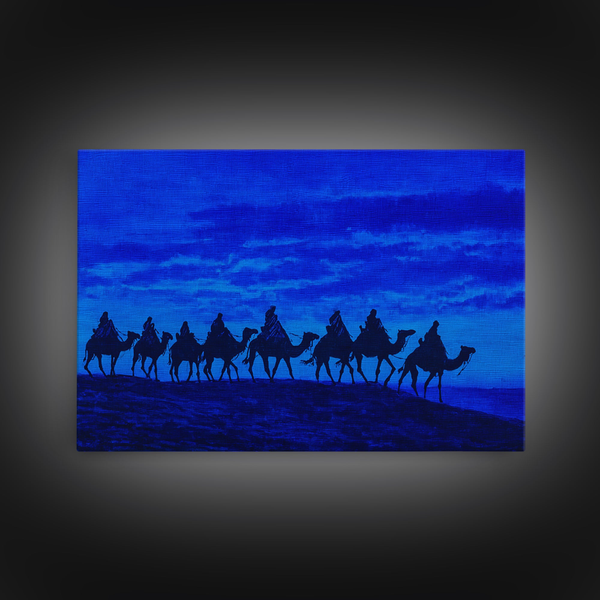 Textured Blue Camel Caravan On Ridge Wall Art, African Landscape Painting, Safari Decor, Boho Bedroom Wall Decor, Unique Home Decor