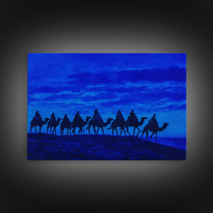 Textured Blue Camel Caravan On Ridge Wall Art, African Landscape Painting, Safari Decor, Boho Bedroom Wall Decor, Unique Home Decor