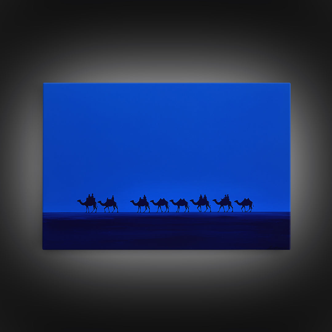 Minimalist Blue Desert Camel Caravan Canvas Print, African Safari Art, Modern Wall Decor, Large Living Room Artwork, Blue Home Decor