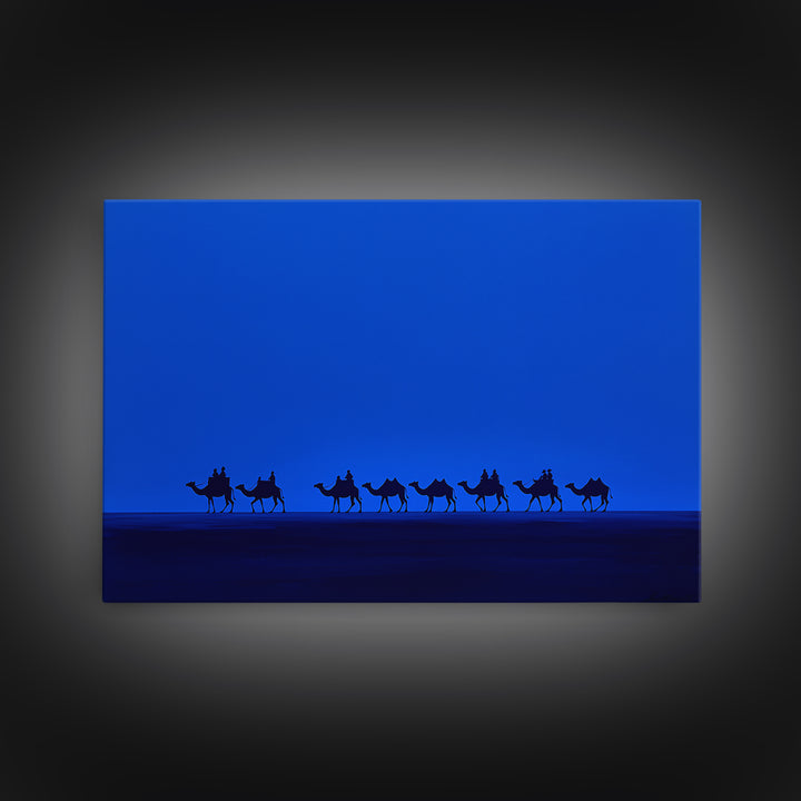 Minimalist Blue Desert Camel Caravan Canvas Print, African Safari Art, Modern Wall Decor, Large Living Room Artwork, Blue Home Decor