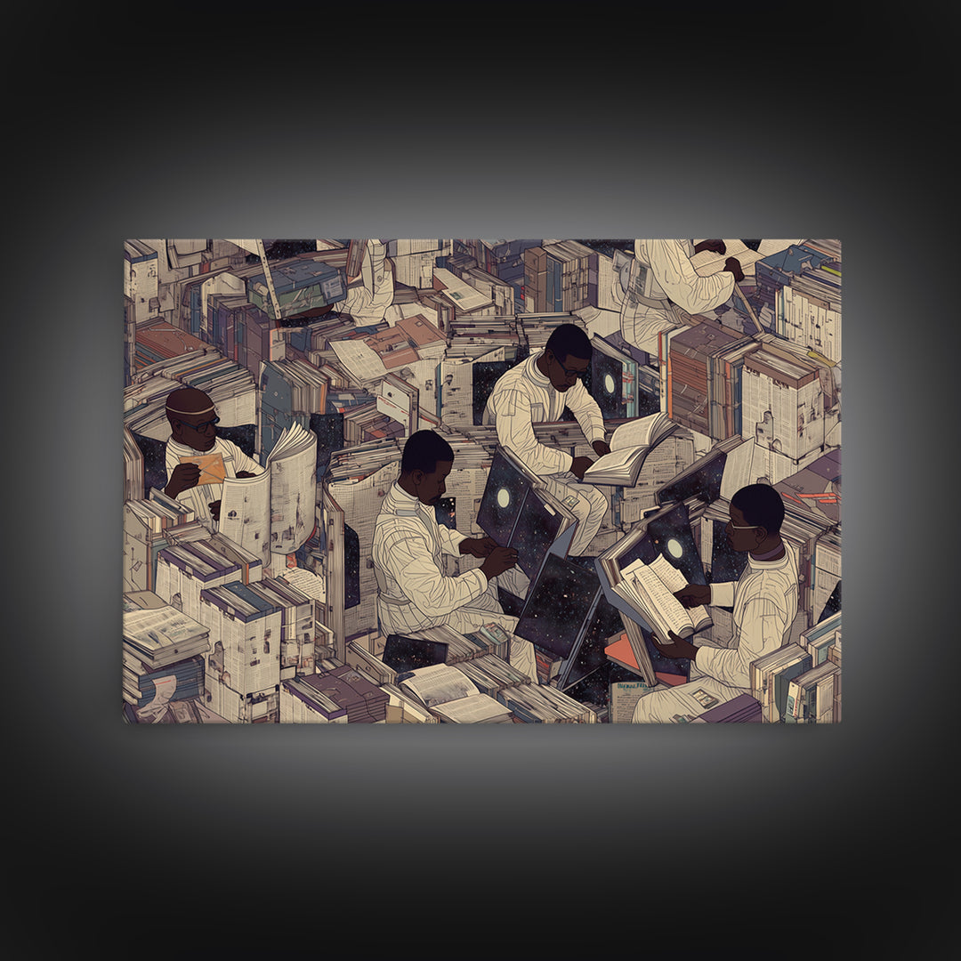 Surreal Black Scholars In Floating Book City Wall Art, Afrofuturism Decor, Black Culture Art, Unique Office Decor, Home Decor Gift
