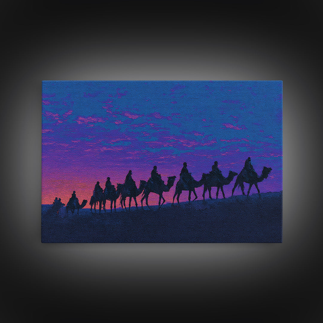Purple Sunset Camel Caravan Silhouette Canvas Print, African Safari Art, Moroccan Travel Poster, Vibrant Wall Decor, Bedroom Wall Decor