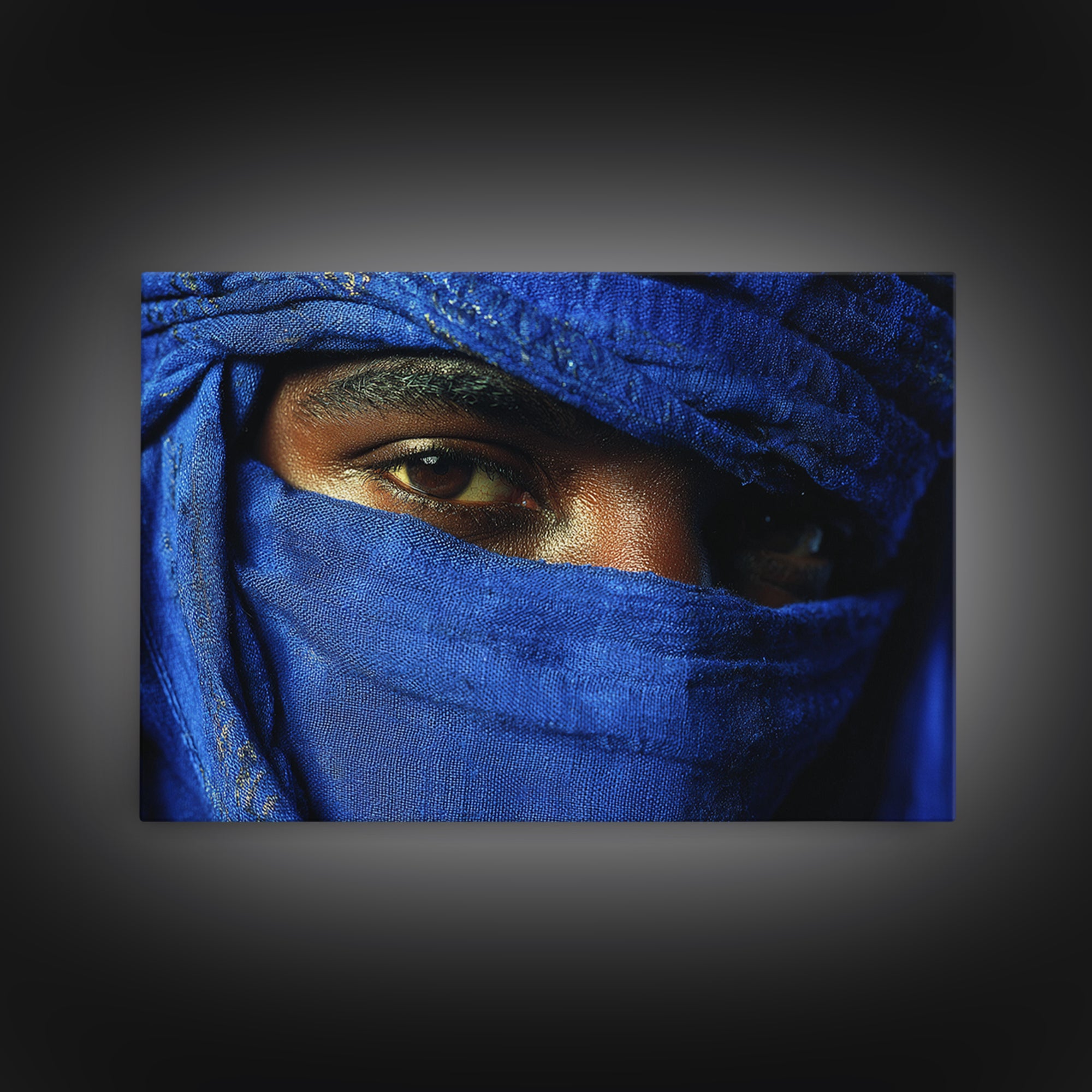 Blue Veiled Tuareg Eyes Portrait Framed Canvas Print, African Portrait, Moroccan Travel Art, Bold Cultural Wall Decor, Gift For Him