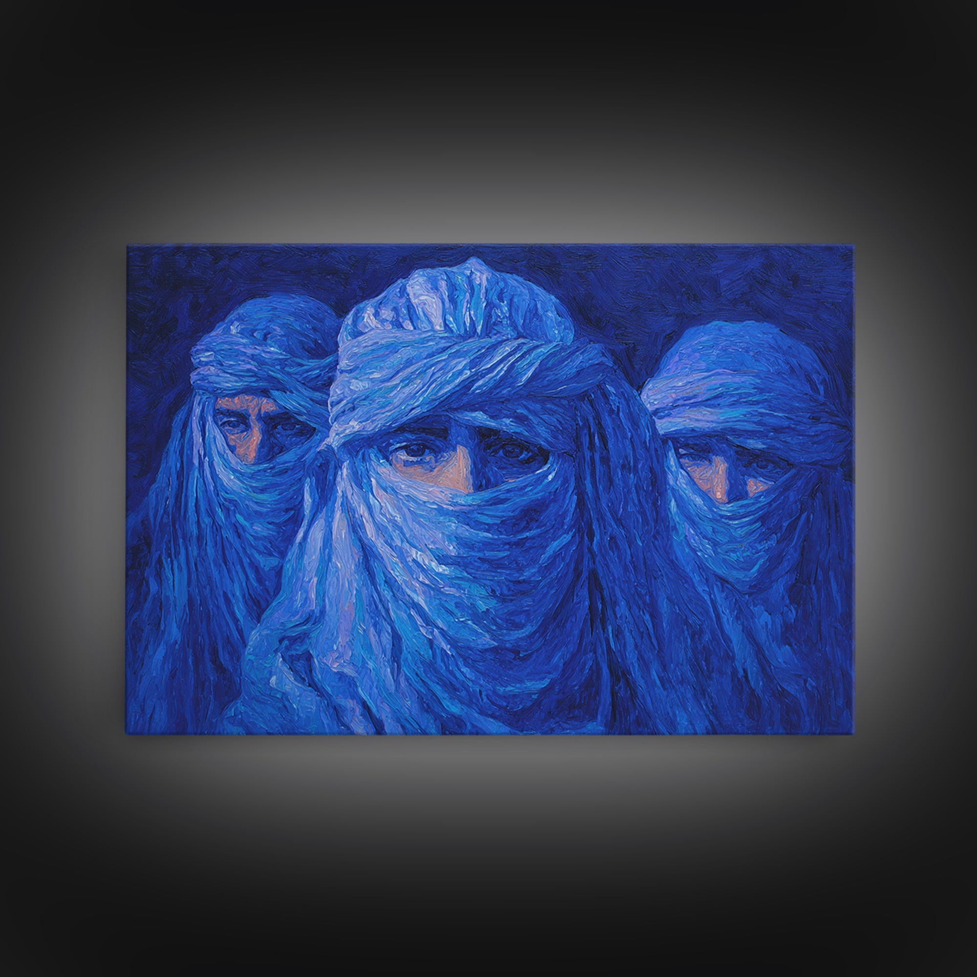 Blue Veiled Desert Nomad Portraits, African Wall Art, Tuareg Inspired Canvas Print, Afrocentric Decor, Bold Blue Gift For Home
