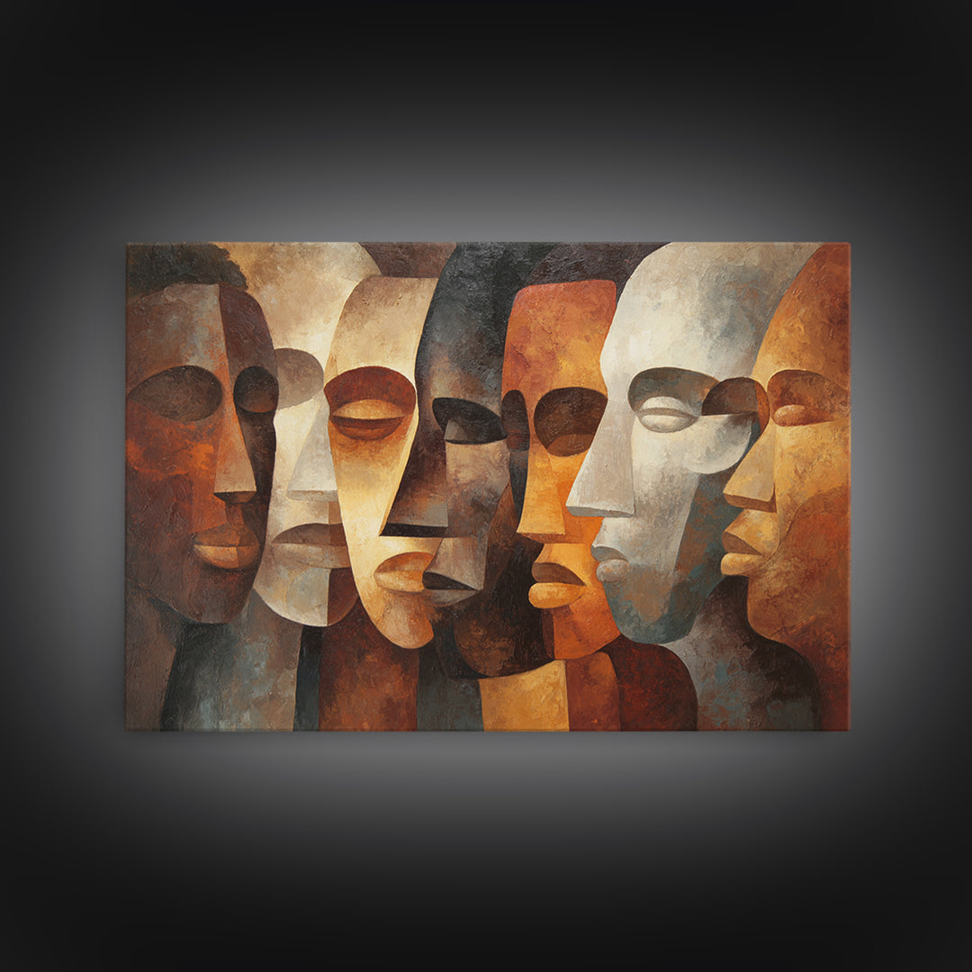 Earth Tone Abstract African Masks, Canvas Print, Cubism Wall Art, Tribal Faces, Modern Afrocentric Home Decor Gift For Living Room