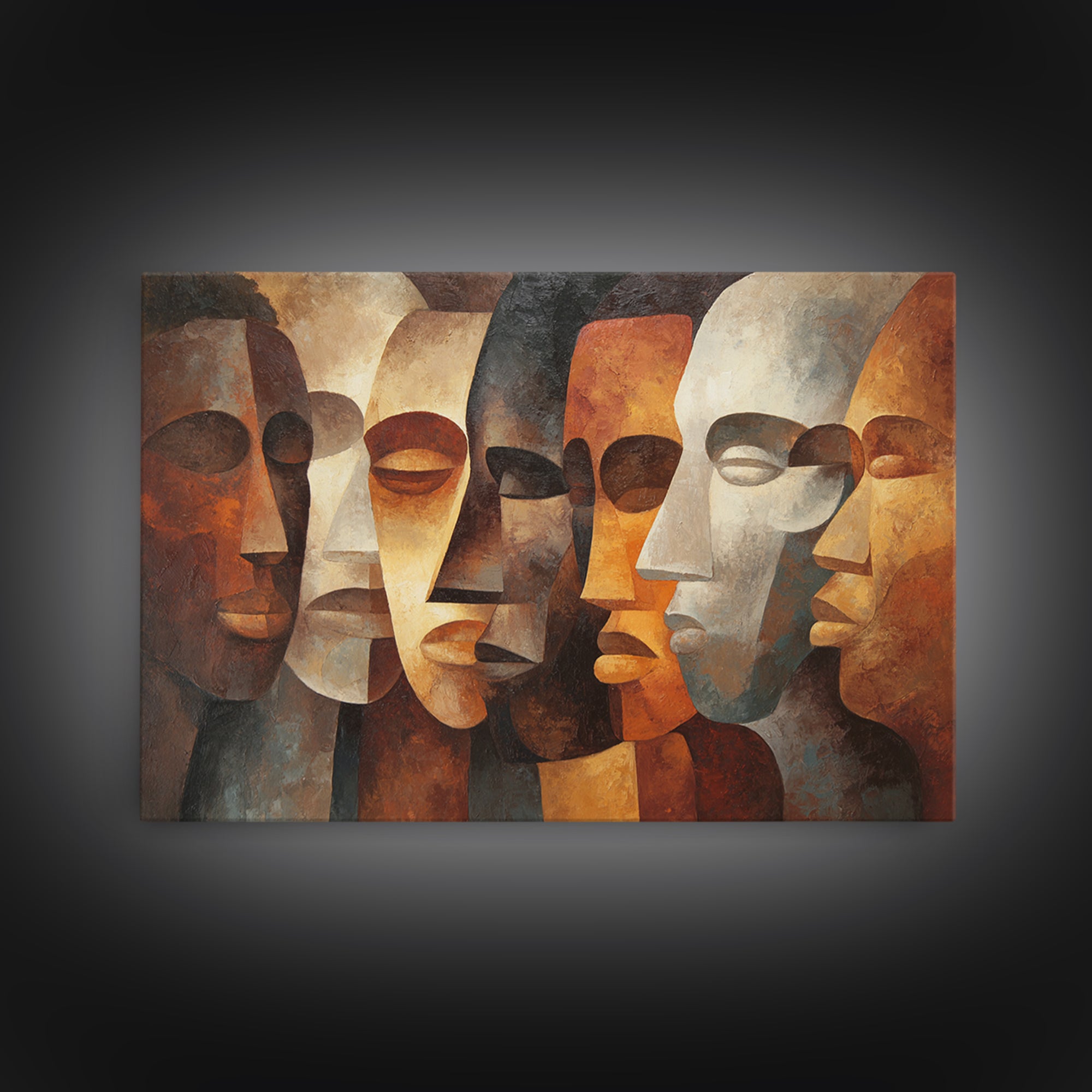 Earth Tone Abstract African Masks, Canvas Print, Cubism Wall Art, Tribal Faces, Modern Afrocentric Home Decor Gift For Living Room