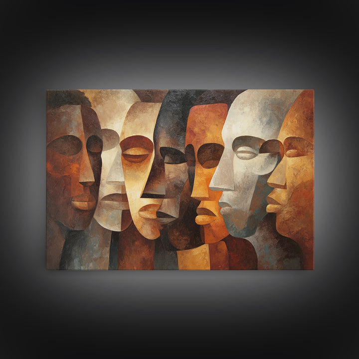 Earth Tone Abstract African Masks, Canvas Print, Cubism Wall Art, Tribal Faces, Modern Afrocentric Home Decor Gift For Living Room